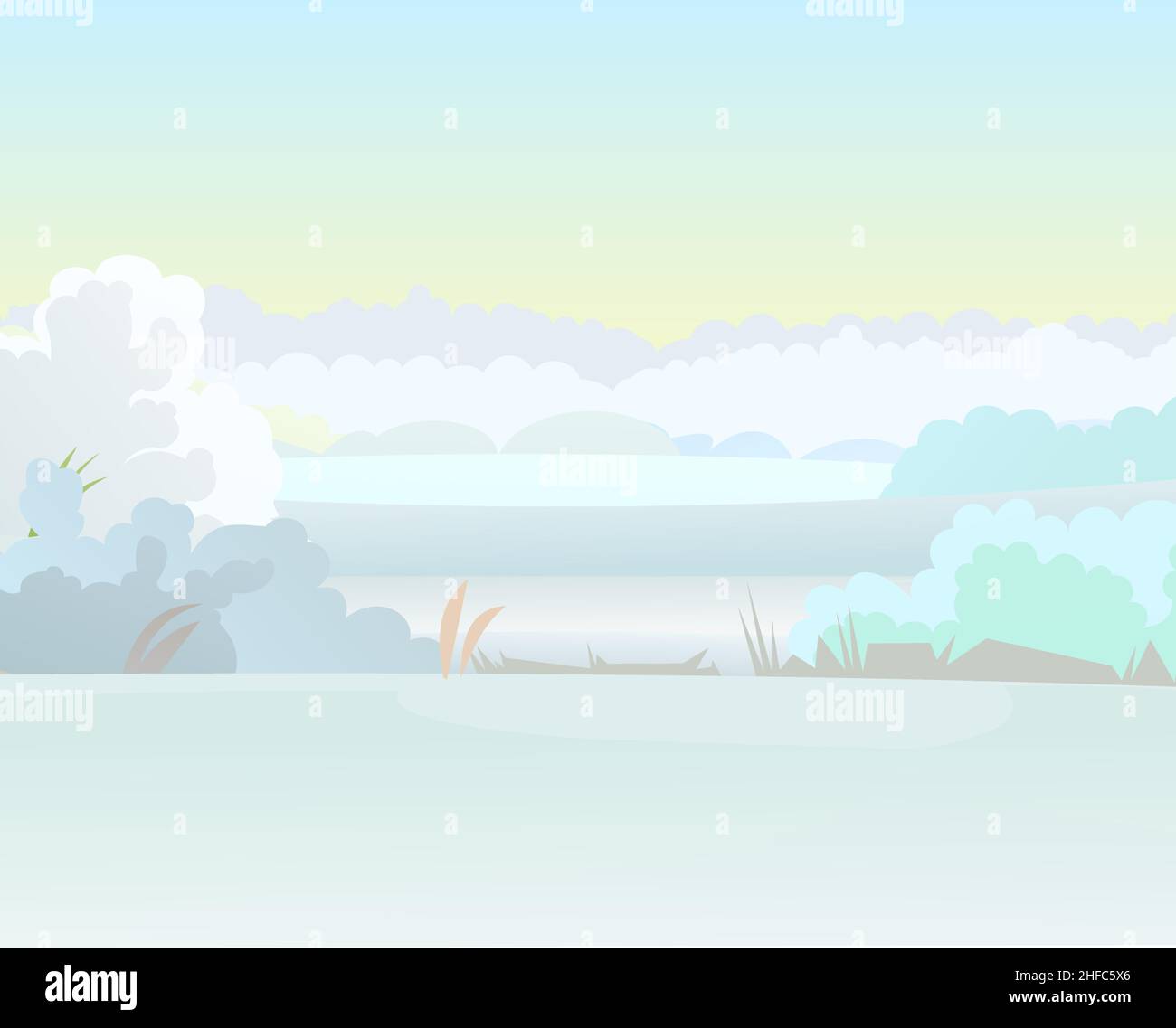Winter ländliche Landschaft mit kaltem weißen Schnee und Drifts. Wunderschöne frostige Aussicht auf hügelige Landschaft. Flaches Design im Cartoon-Stil. Vordersitze. Stock Vektor