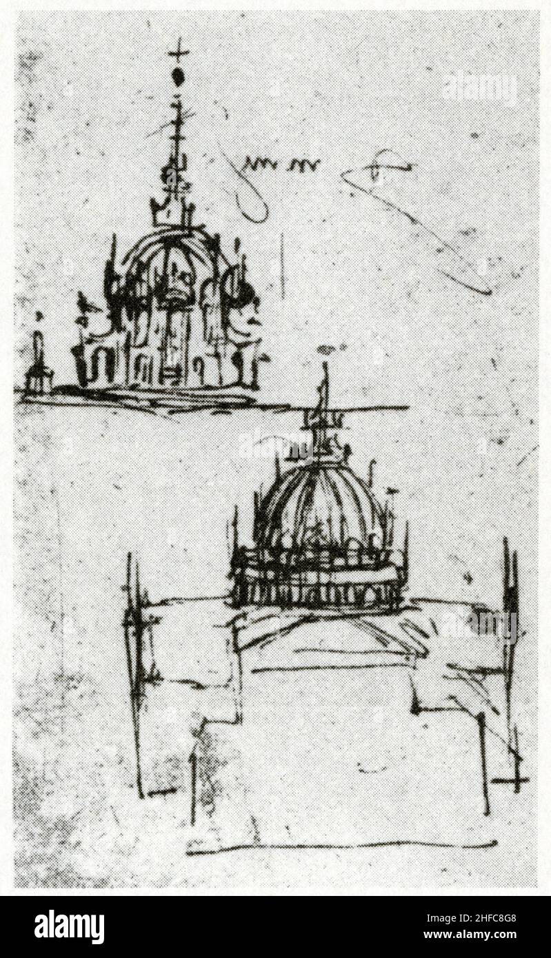 LEONARDO DA VINCI 1452-1519. VORSKIZZE FÜR DIE KATHEDRALE VON MAILAND. UM 1488. STIFT- UND TINTENZEICHNUNG Stockfoto