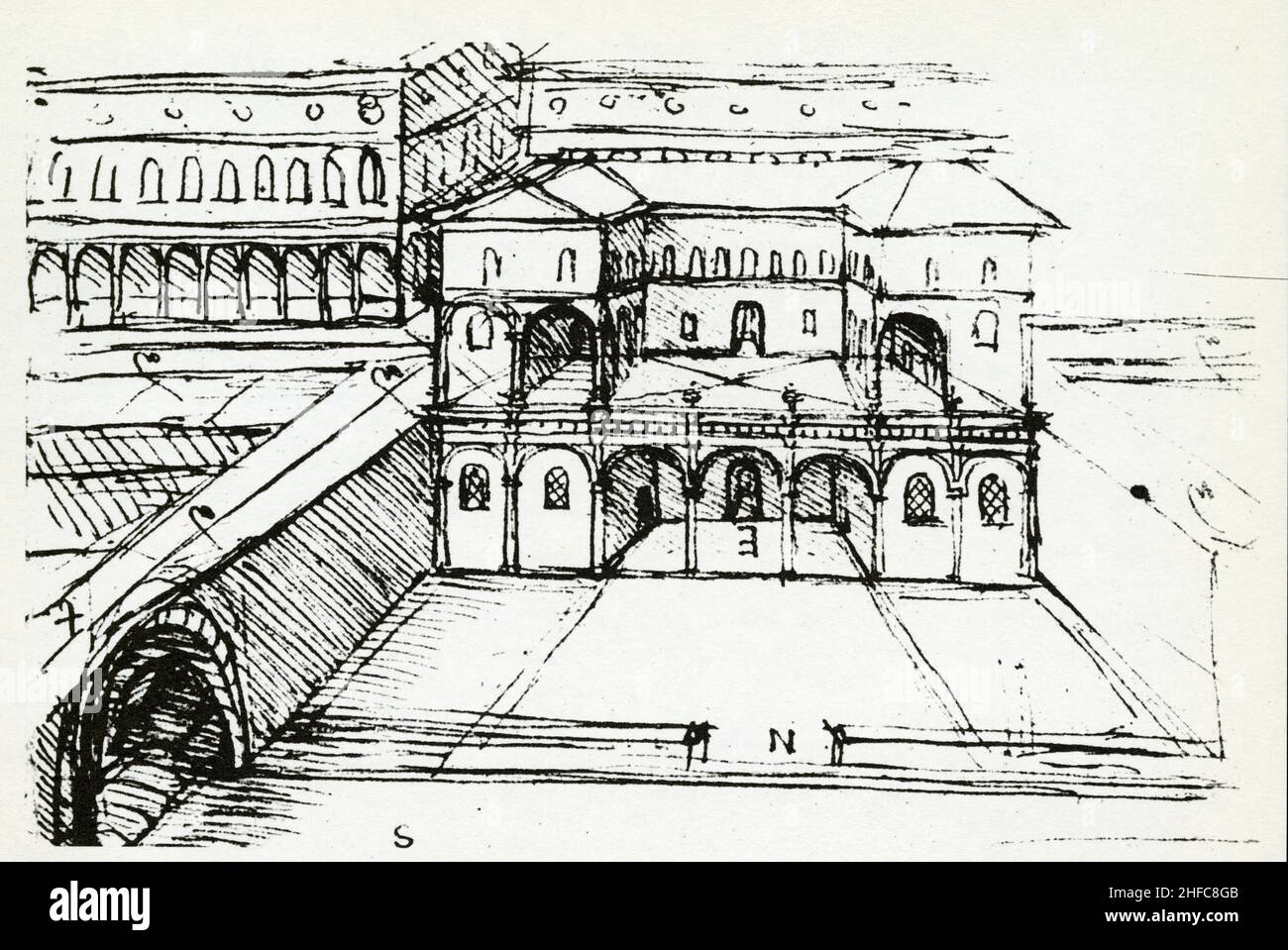 LEONARDO DA VINCI. ENTWURF EINER STADT AUF ZWEI EBENEN. CA. 1488. STIFT- UND TINTENZEICHNUNG Stockfoto