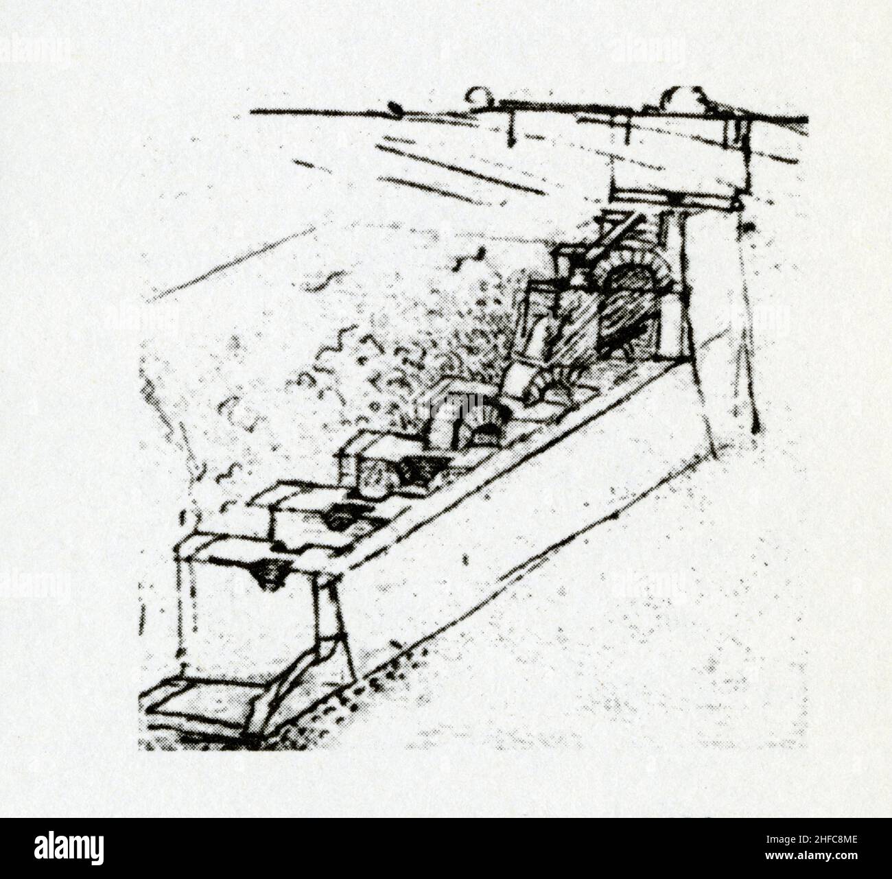 LEONARDO DA VINCI. ARCHITEKTUR UND WASSER. UM 1488. STIFT- UND TINTENZEICHNUNG Stockfoto