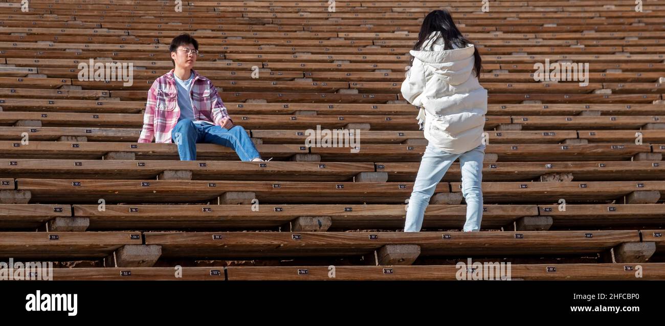 Morrison, Colorado - Besucher fotografieren im Red Rocks Ampitheater, einem beliebten Konzertsaal in den Ausläufern westlich von Denver. Stockfoto