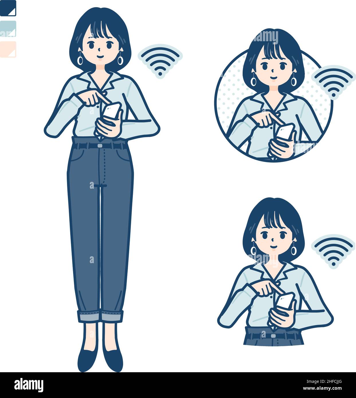 Junge Frau in einem Hemd mit offenem Kragen und bedienbaren Smartphone-Bildern.Es ist Vektorgrafik, so dass es einfach zu bearbeiten ist. Stock Vektor