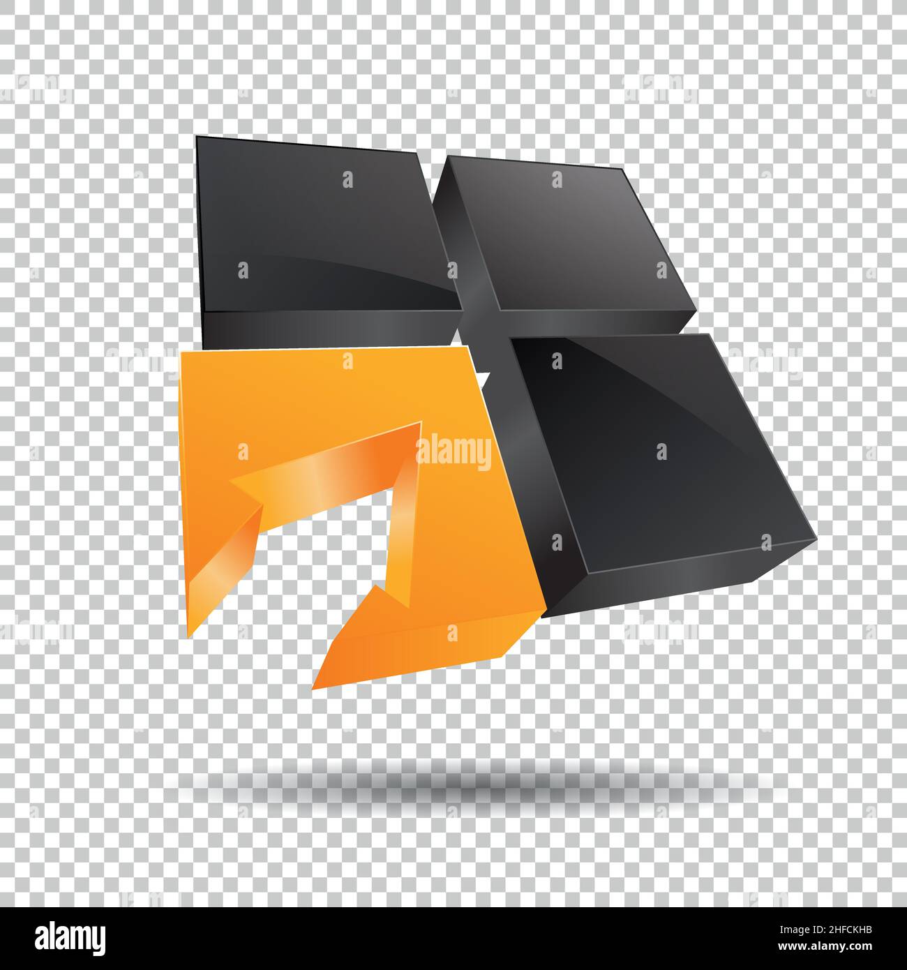 Pfeil in einem Fensterwürfelrahmen 3D Vektor-Icon als Logo-Formation in schwarz und orange glänzenden Farben, Corporate Design auf kariertem transparentem Hintergrund. V Stock Vektor