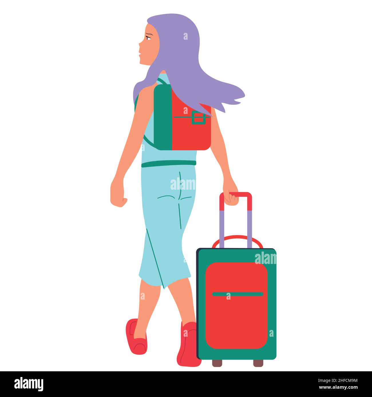 Mädchen mit Rucksack und Koffer am Flughafen. Sie kam in eine neue und unbekannte Stadt. Reise. Stock Vektor