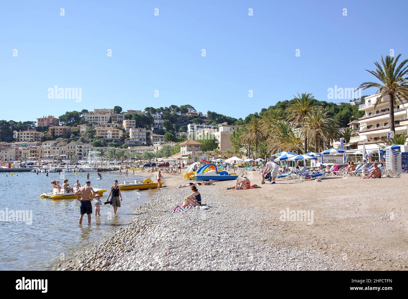 Strandblick, Port de Soller, Gemeinde Soller, Mallorca, Balearen, Spanien Stockfoto