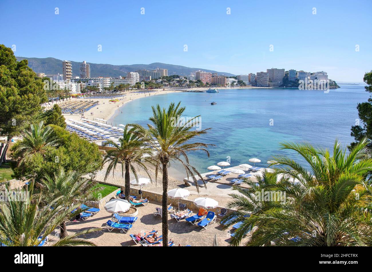 Strandblick, Magaluf, Gemeinde Calvia, Mallorca, Balearen, Spanien Stockfoto