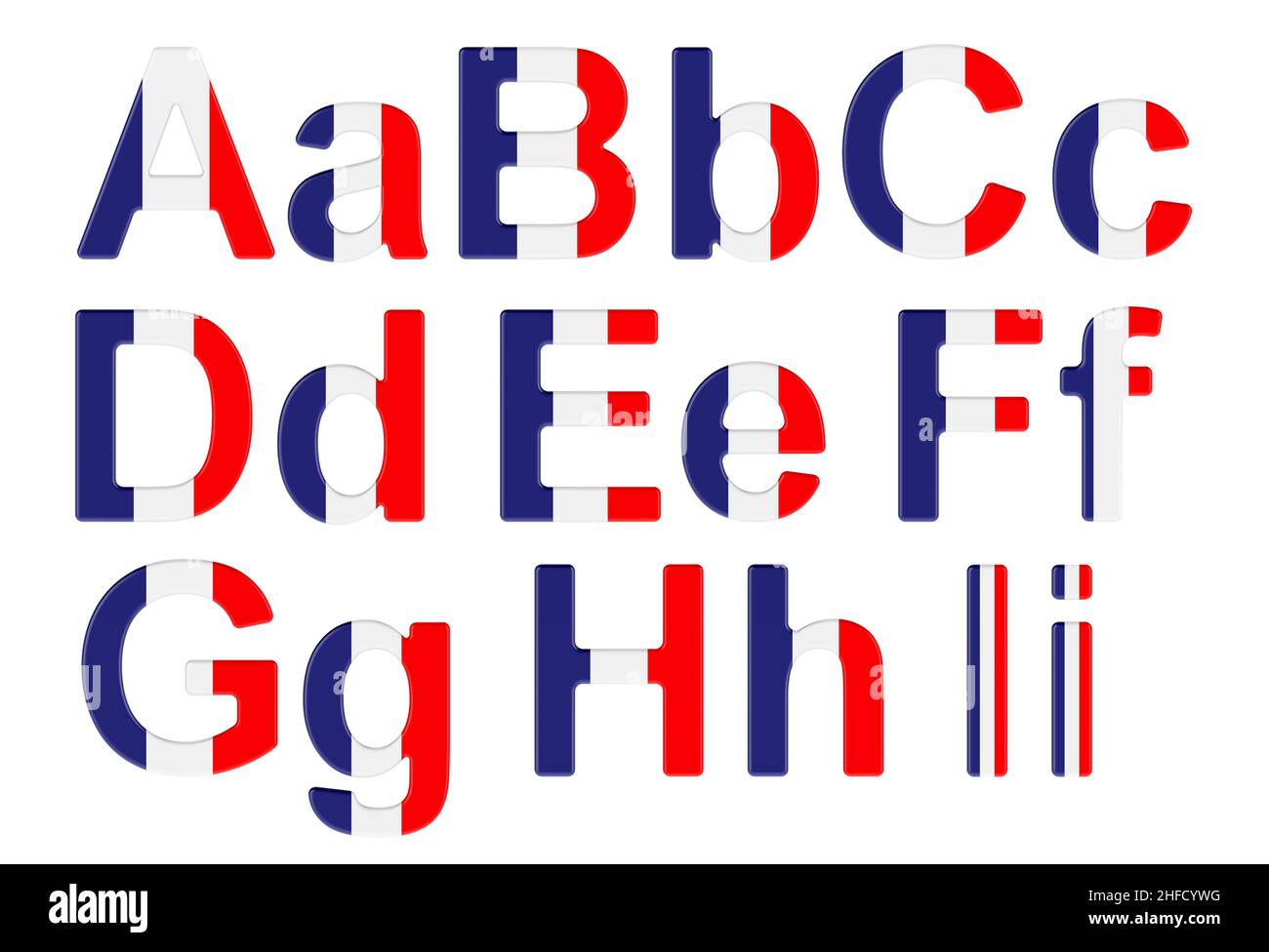 Buchstaben mit französischer Flagge. A, B, C, D, E, F, G, H, I Groß und Kleinbuchstaben. 3D