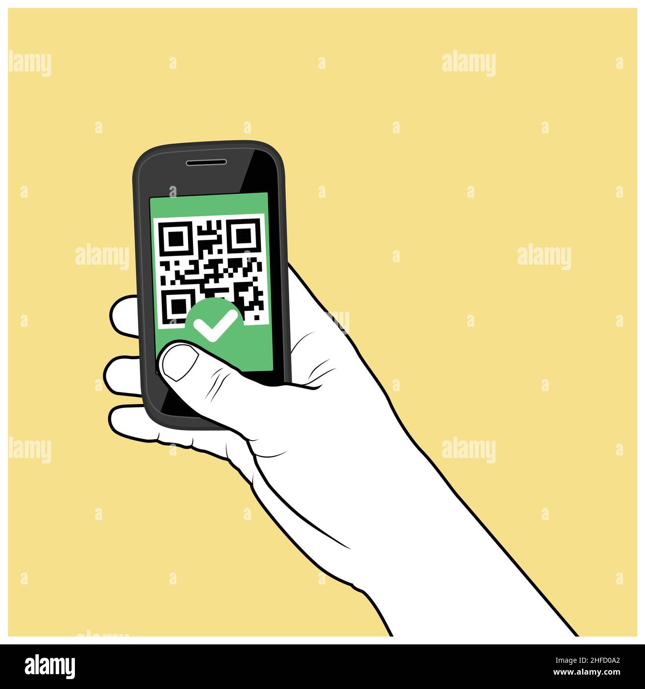 Impfpass auf dem Smartphone in der Hand, COVID-19 Zertifikat QR-Code, Vektor angezeigt Stock Vektor