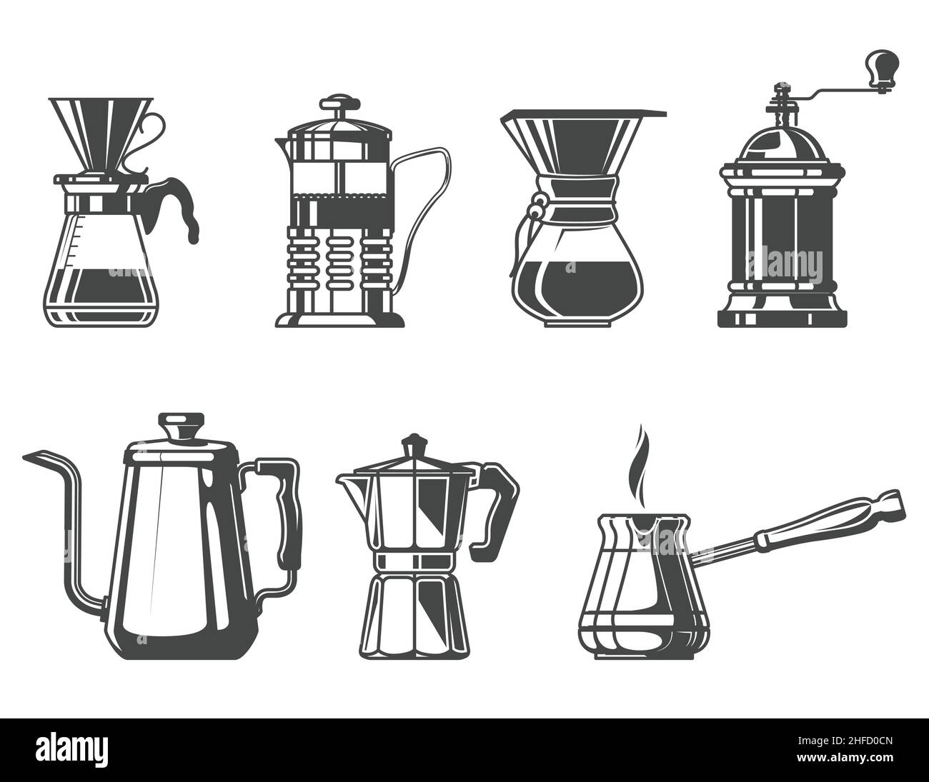 Gebrühter Kaffee und Tee, französische Presse, Cezve, Wasserkocher und Mokakapfanne, Barista-Werkzeuge, Vektor Stock Vektor