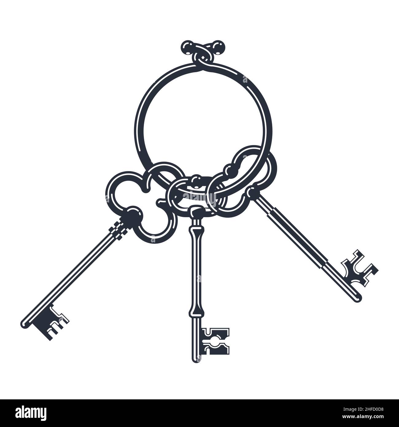 Haufen alter Schlüssel, antiker Schlüssel auf Ring für Vintage-Schlösser, Vektor Stock Vektor