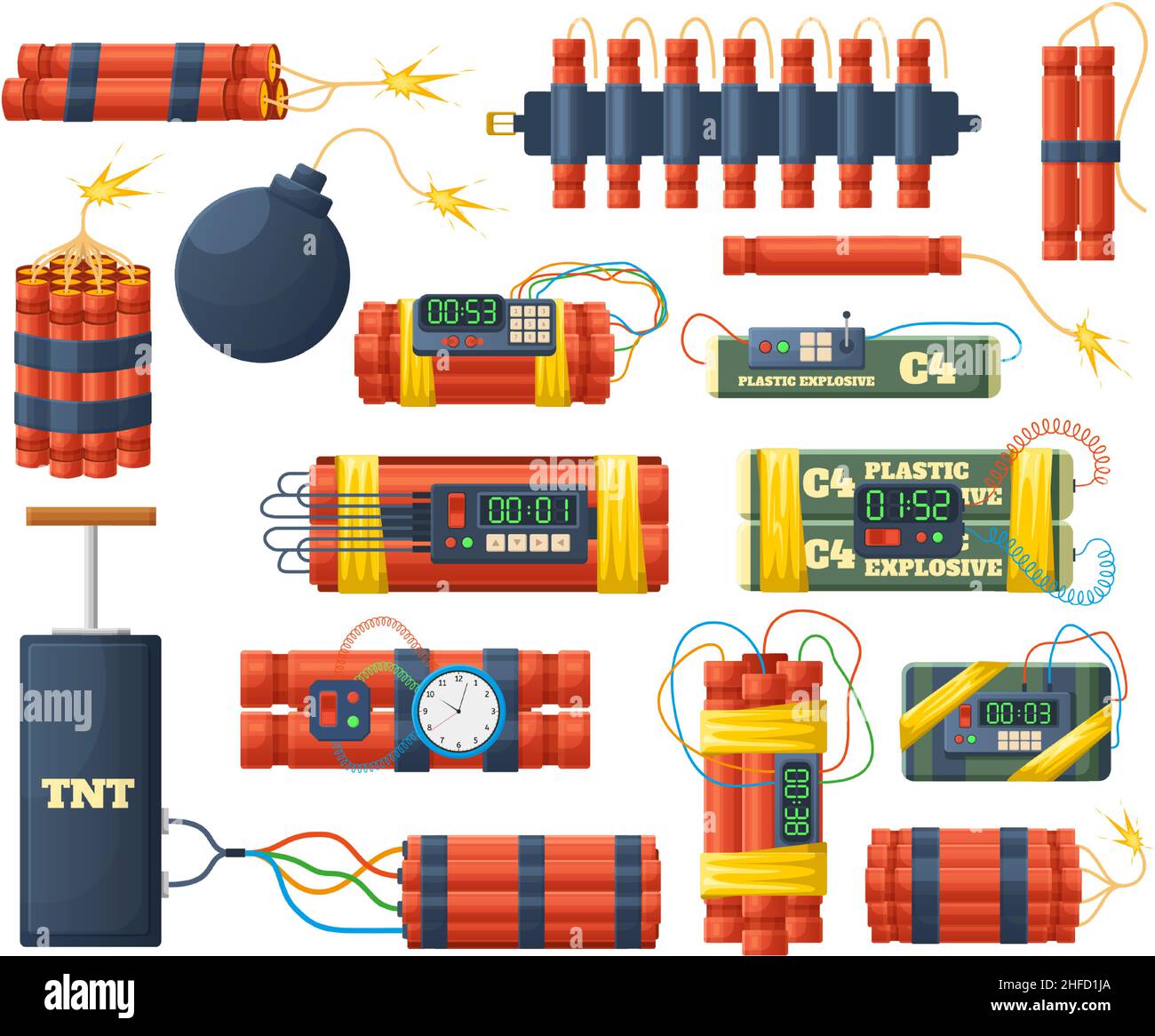 Explosive Bomben und Dynamitstäbe, gefährliche pyrotechnische Elemente. Rote Dynamit-Sticks, Bomben mit Wecker-Detonatoren Vektor-Illustration-Set Stock Vektor