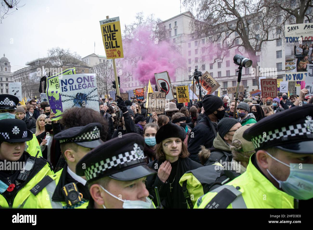 LONDON, Großbritannien 15th. Januar 2022. Töten Sie diese Woche den Bill-Protest in London, da das Oberhaus die letzte Lesung des Gesetzes über Polizei, Verbrechen, Verurteilung und Gerichte hören wird Stockfoto