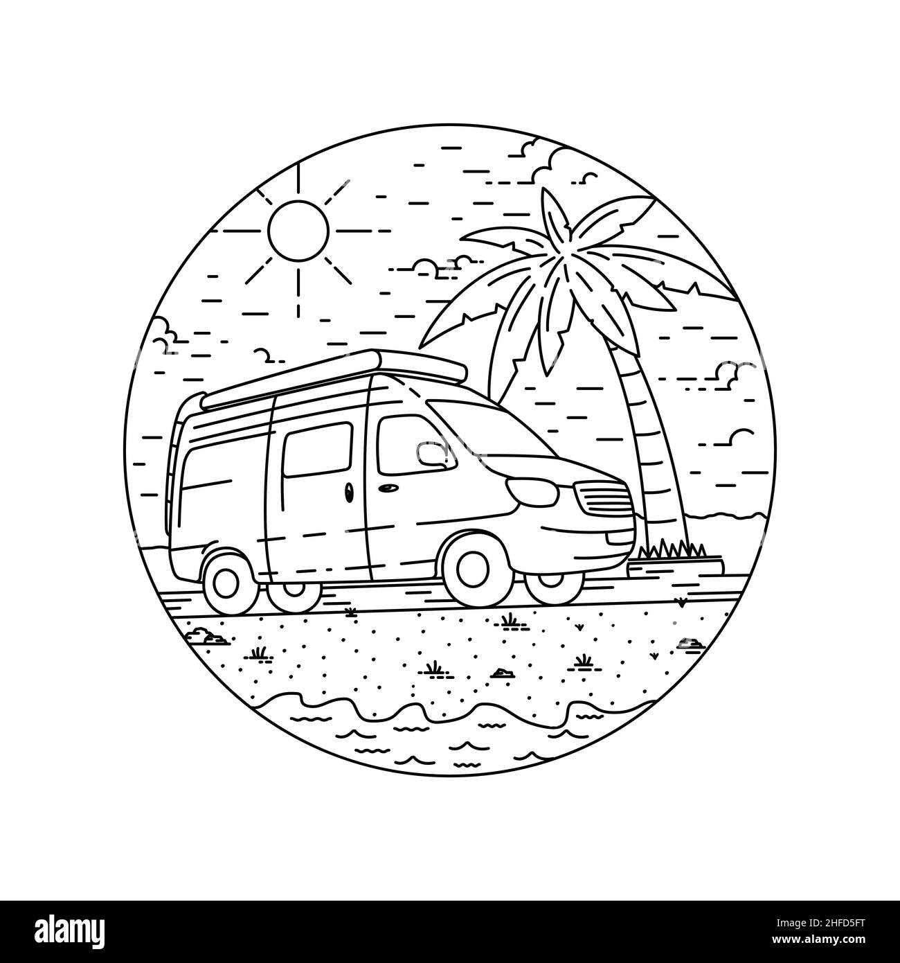 Camper Van-Logo. Happy Camper Urlaub Strand Design Vorlage. Vektor und Illustrationen. Stock Vektor