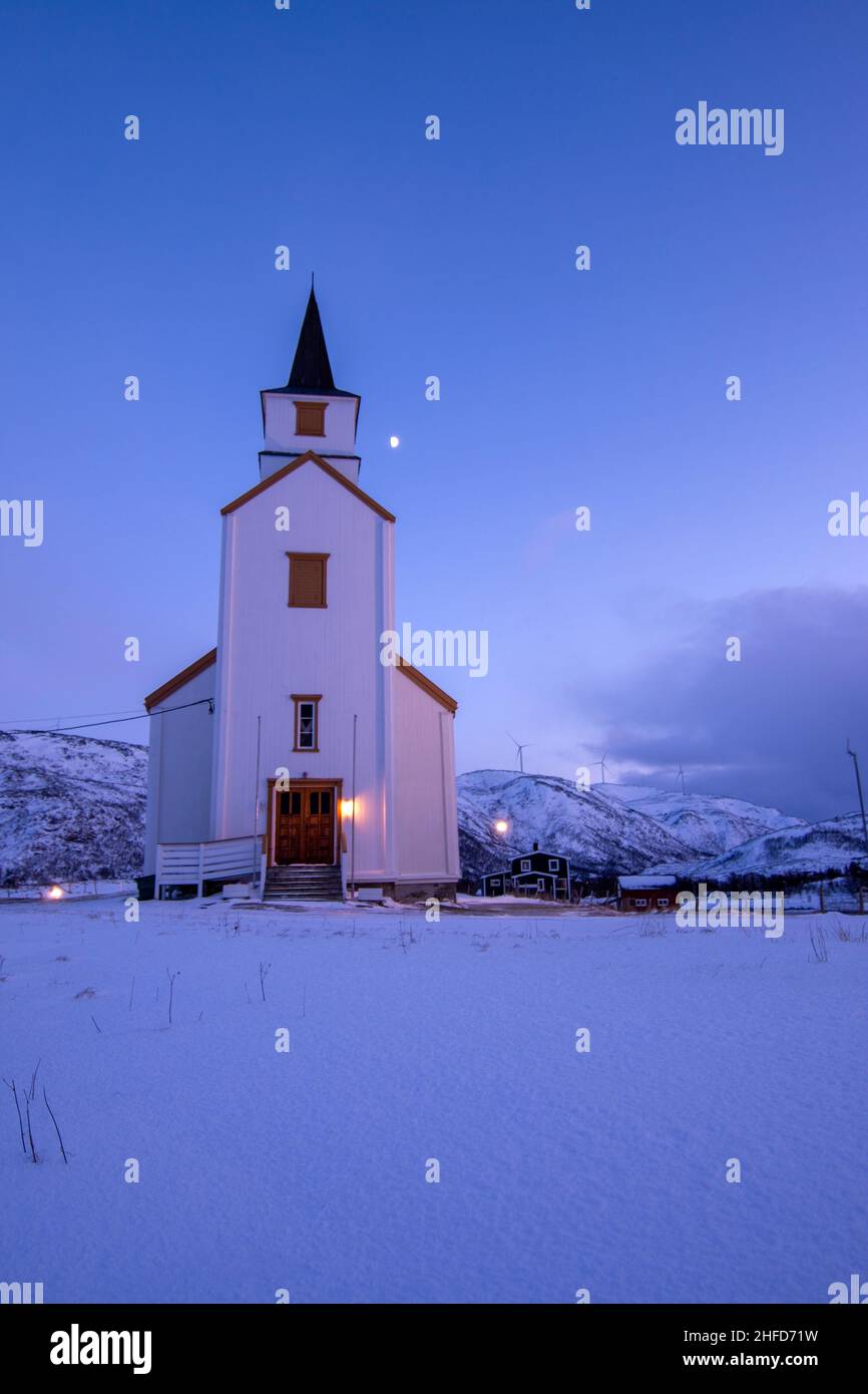 Hillesoy ist eine ehemalige Gemeinde in der alten Grafschaft Troms in Norwegen. Die Gemeinde bestand von 1855 bis zu ihrer Schließung im Jahr 1964. Stockfoto