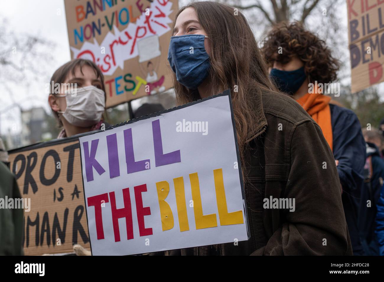 LONDON, Großbritannien, Januar 15th. Töten Sie diese Woche den Protest des Gesetzentwurfs in London, da das Oberhaus am Samstag, dem 15th. Januar 2022, die letzte Lesung des Gesetzentwurfs von Polizei, Verbrechen, Verurteilung und Gerichten hören wird. (Kredit: Lucy North | MI News) Kredit: MI Nachrichten & Sport /Alamy Live News Stockfoto