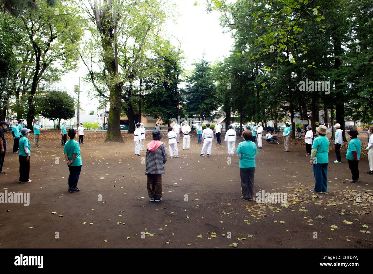 Ältere asiatische Menschen praktizieren Tai Chi im öffentlichen Park Stockfoto