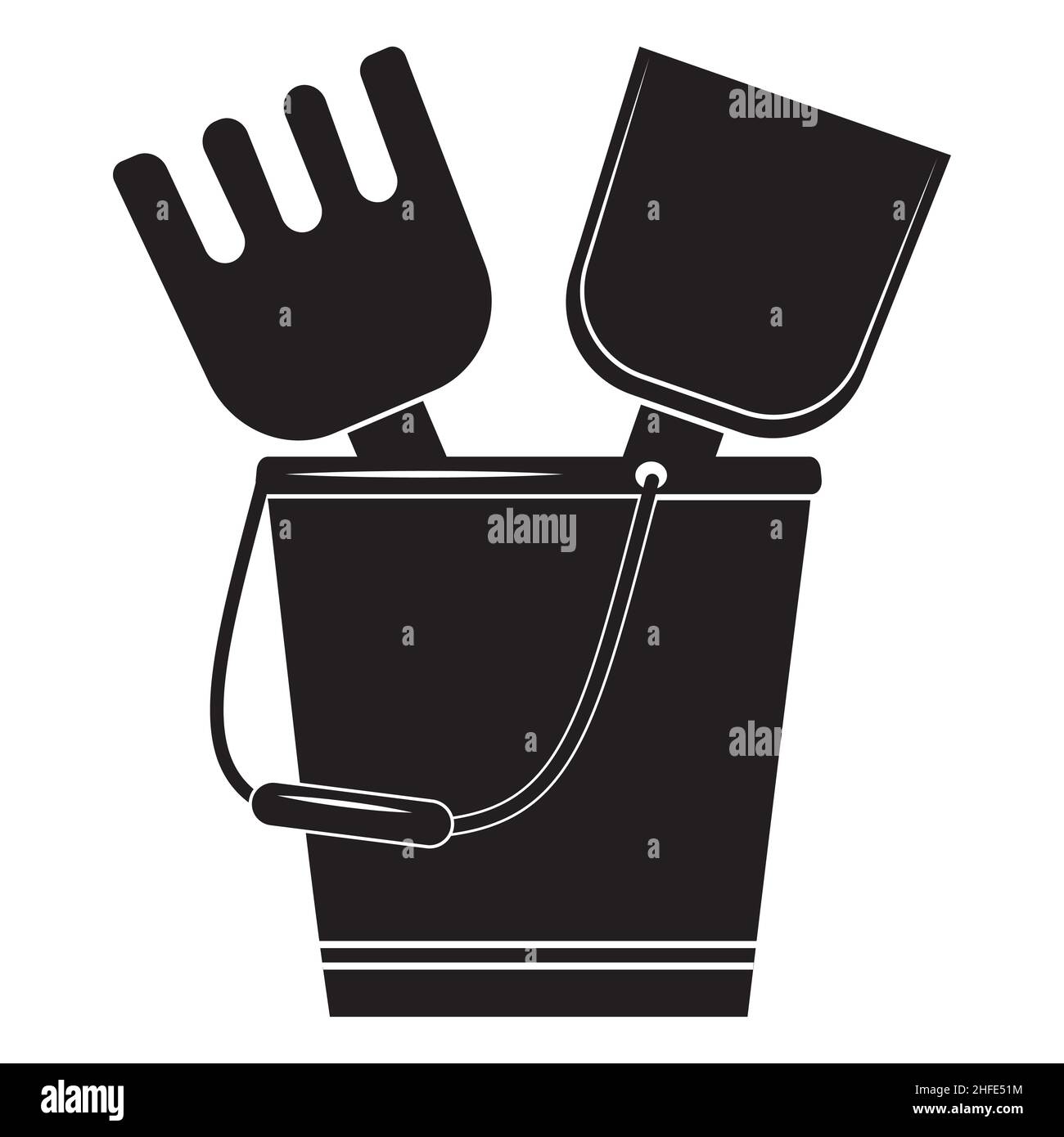 Sand Tools Symbol Schaufel Rechen und Eimer, isolierte Illustration schwarz Silhouette. Stock Vektor