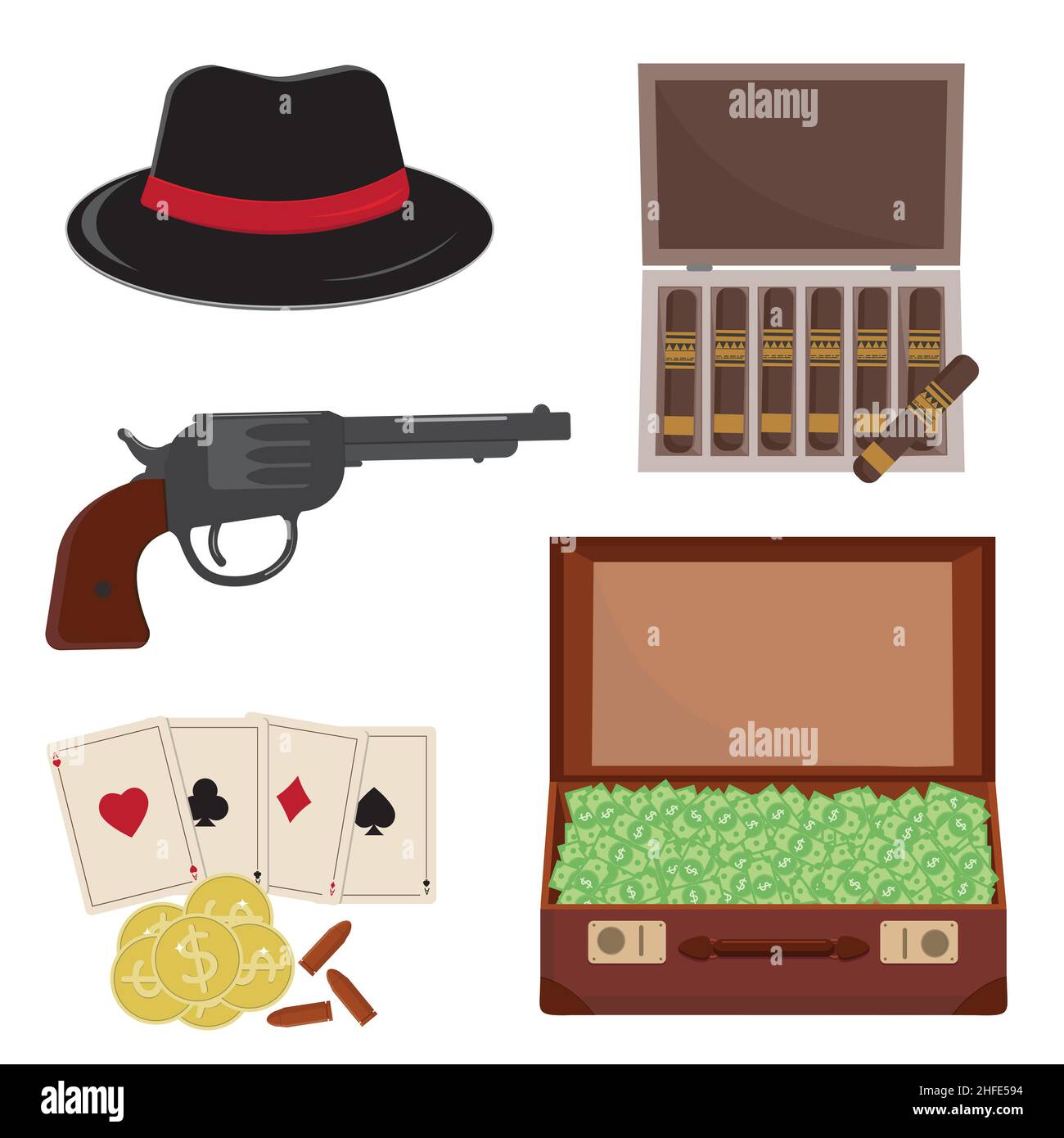 Mafia-Set, Herrenhut, Geld im Koffer und ein Revolver mit Spielkarten, Vektor-Illustration im flachen Stil. Stock Vektor