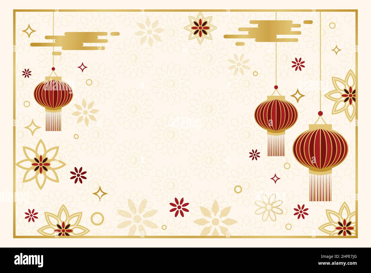 Chinesisches Neujahr Horizontale Banner Hintergrundelemente. Chinesische Neujahrsfeier festliche Vektor-Hintergrund mit Wolken, Laterne, Blumen Elemente Stock Vektor