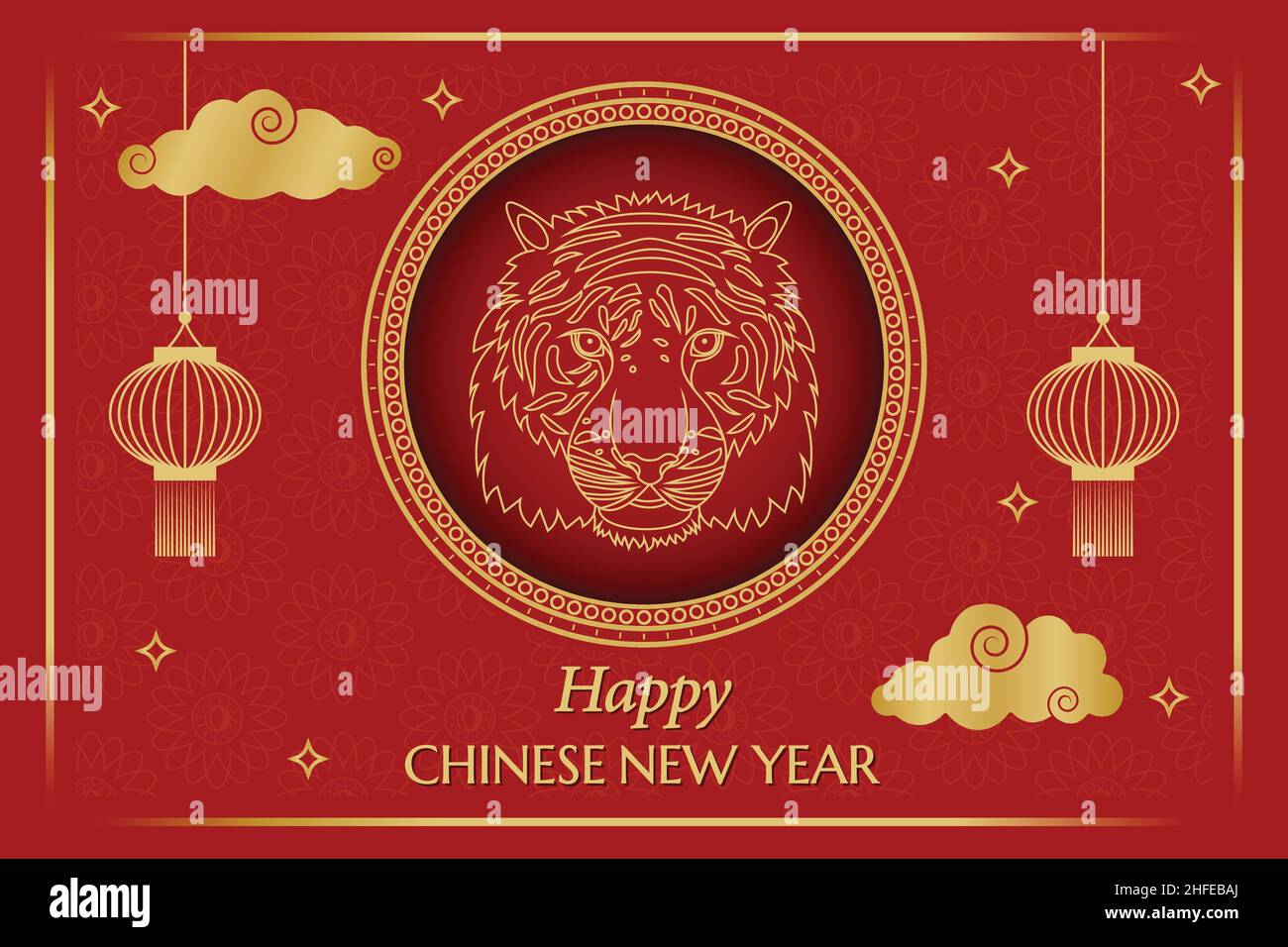 Happy Chinese New Year Tiger Poster Wallpaper traditionelle chinesische goldene rote Hintergrund Rahmen Gruß mit Laternen und Wolken Stock Vektor