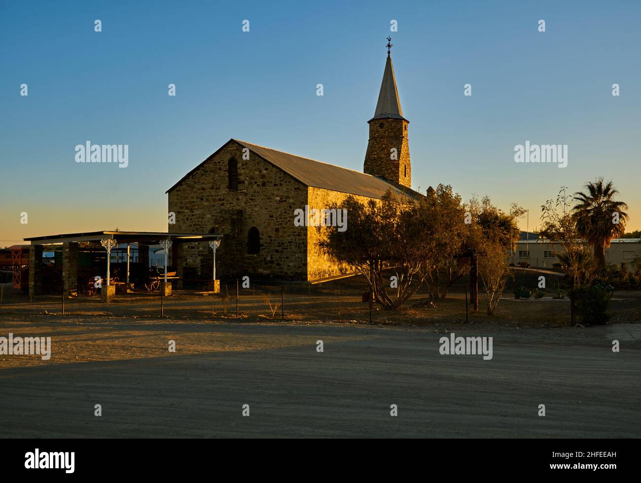 Rheinische Missionskirche bei Sonnenuntergang in Keetmanshoop, Namibia Stockfoto