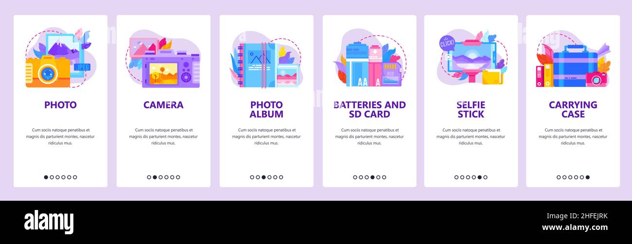Fotokamera, Fotografie-Symbole. Fotoalbum, Akkus und Speicherkarte. Onboarding-Bildschirme für mobile Anwendungen. Menü-Vektor-Banner-Vorlage für Website und Stock Vektor