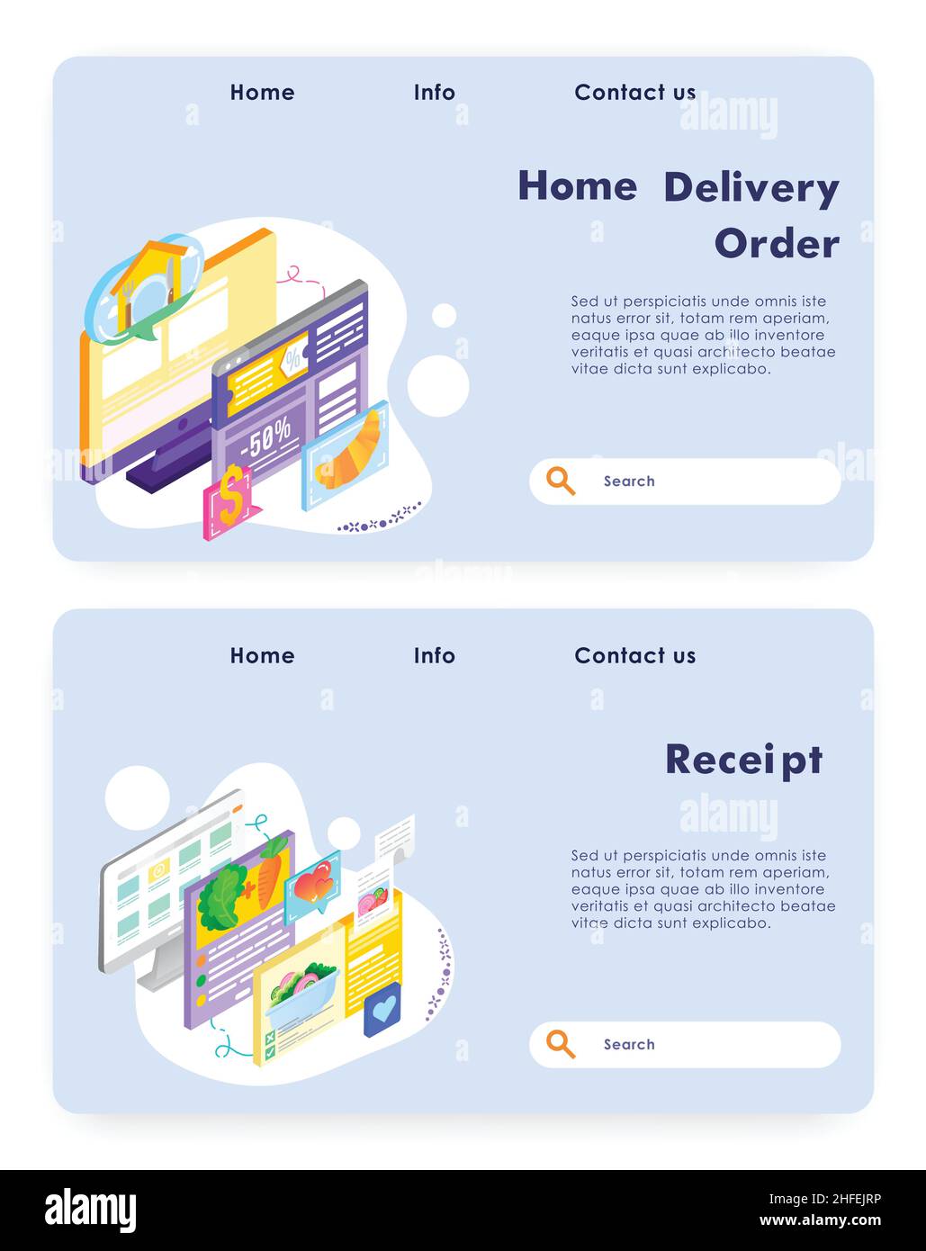 Kaufen Sie Lebensmittel online und Essen Lieferung. Zahlen Sie online für Lebensmittel und erhalten Sie eine Quittung. Vektor-Website-Design-Vorlage. Konzept der Landing-Page-Website isometrisch Stock Vektor