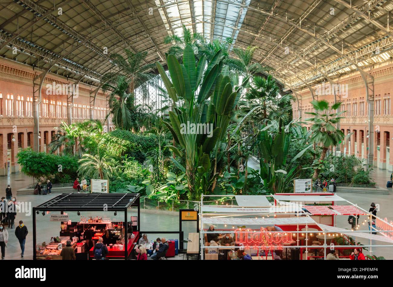 ​​​​​​​​​​​​​​​​​Madrid-​Puerta de Atocha Train Station​. Stahl- und Glaskonstruktion mit lebhaftem tropischen Garten. Stockfoto