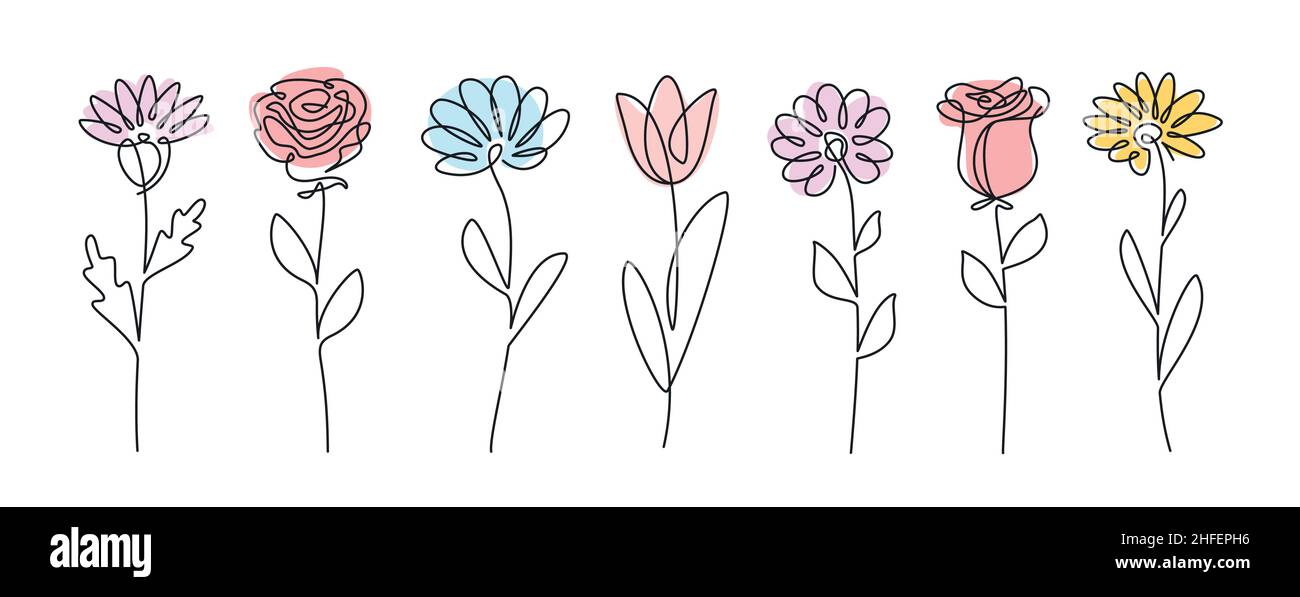 Kontinuierliche Linie Zeichnung Satz von Blumen. Pflanzen eine Linie Abbildung. Minimalistisch druckt Vektorgrafik Stock Vektor