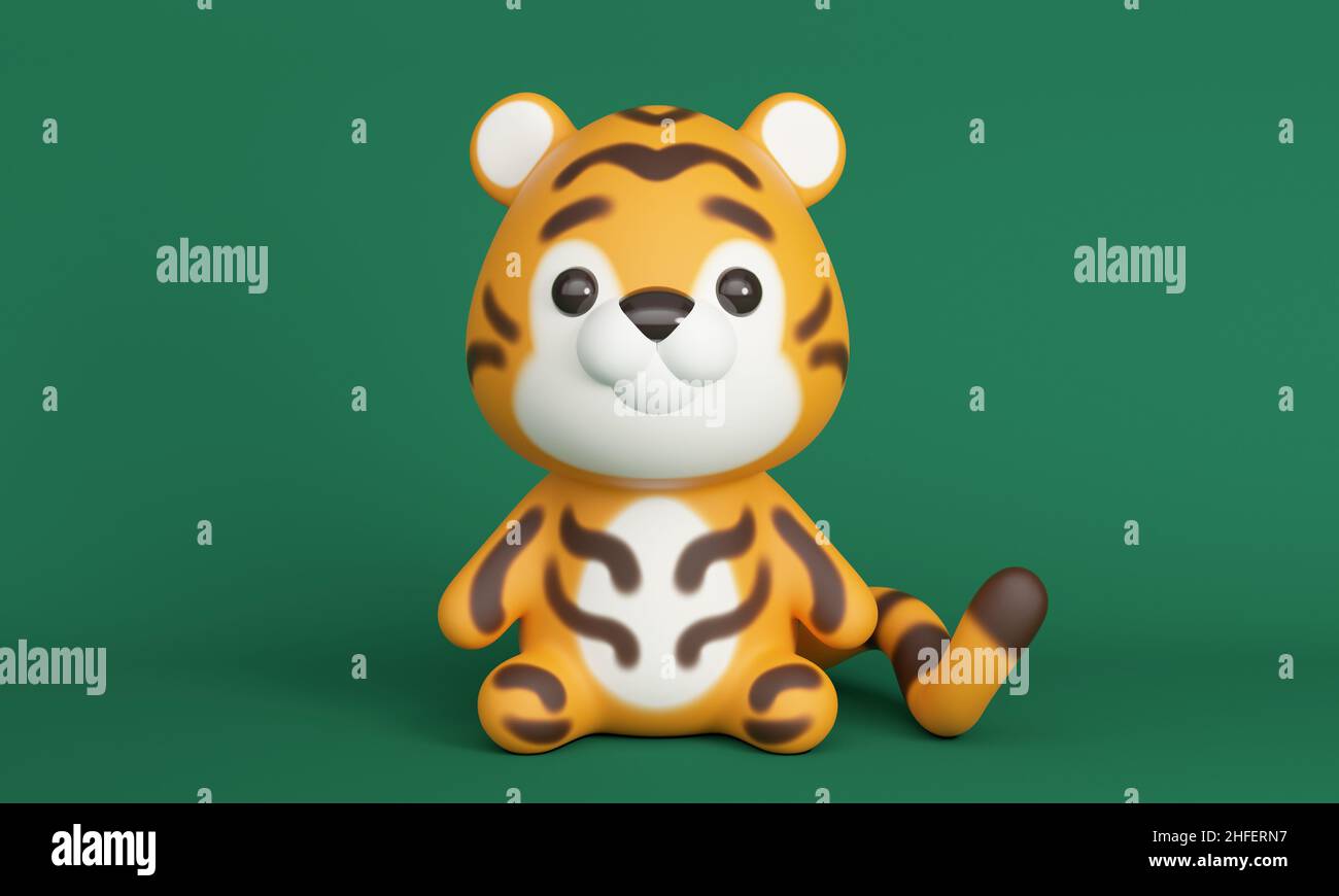 Niedlicher kleiner Tiger auf grünem Hintergrund. 3D Rendern Stockfoto