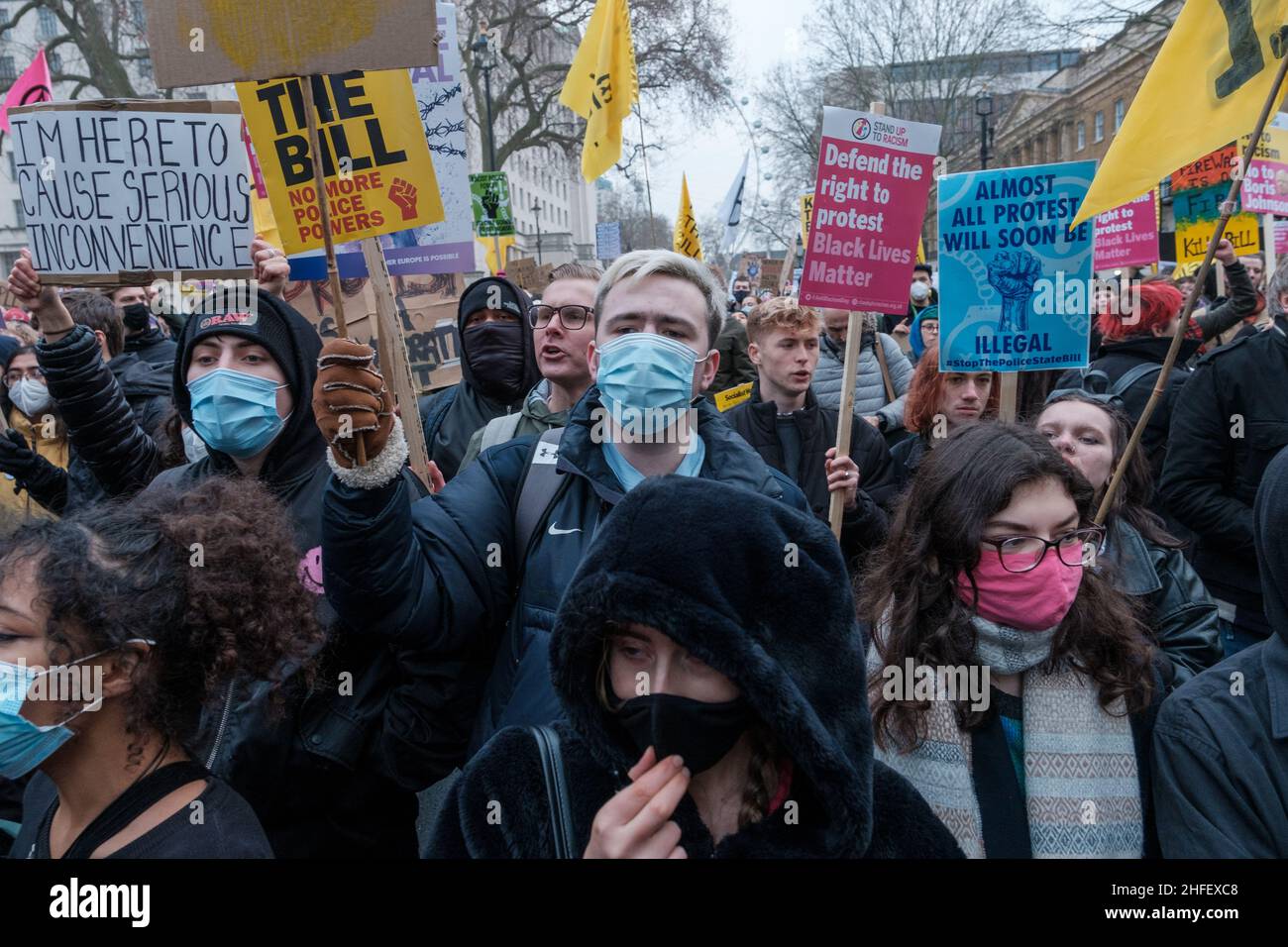 Demonstranten aus mehreren britischen Protestgruppen marschierten gemeinsam durch die Straßen Londons, um gegen den stark entgegengesetzten PCSC-Gesetzentwurf zu protestieren Stockfoto