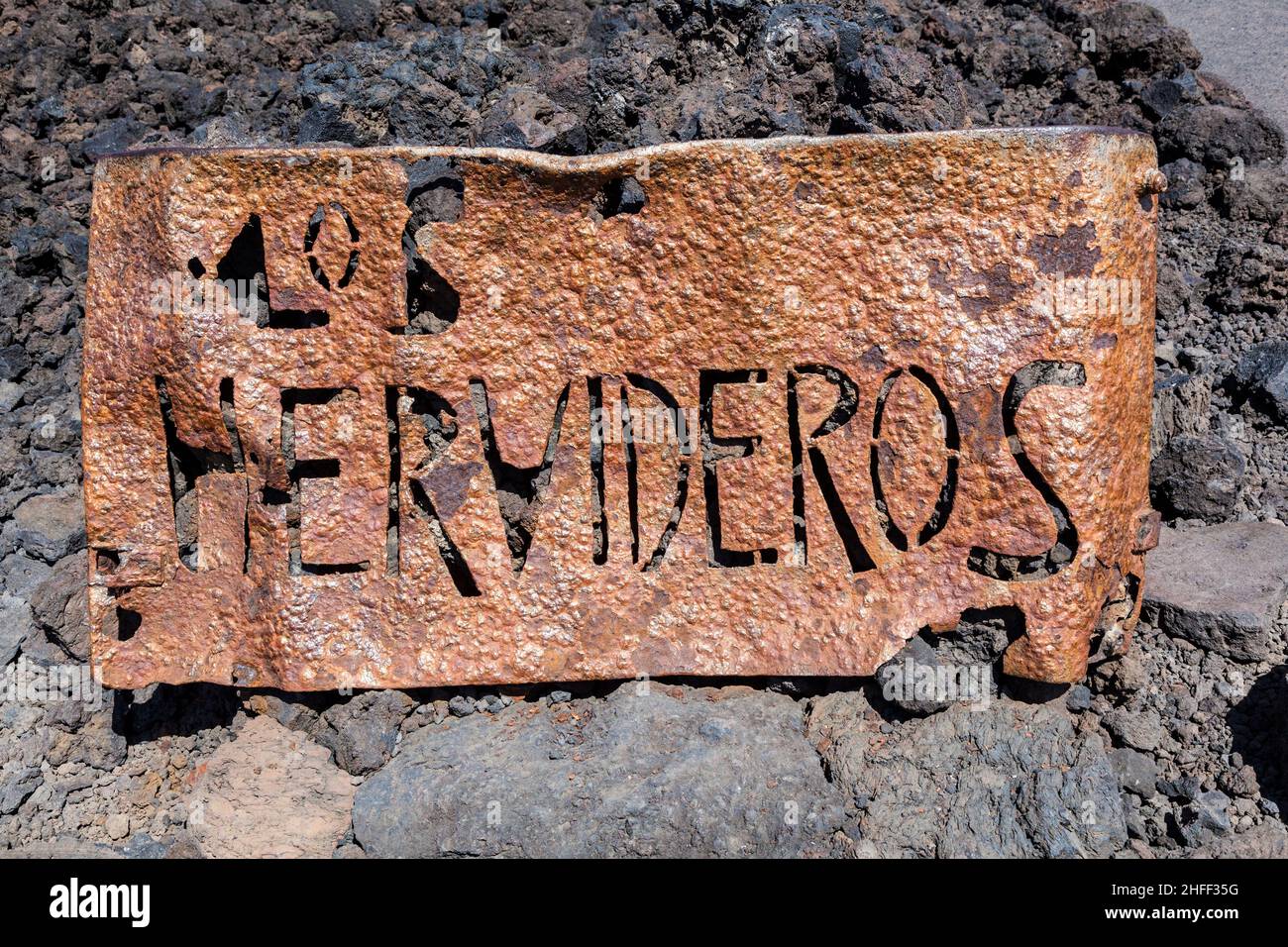 Zeichen von Los Hervideros, Lanzarote Stockfoto