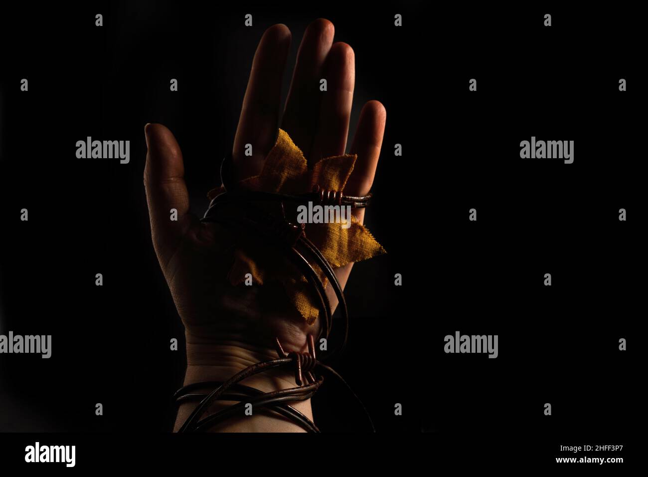 Holocaust-Gedenktag. Hand- und Stacheldraht auf schwarzem Hintergrund. Stockfoto