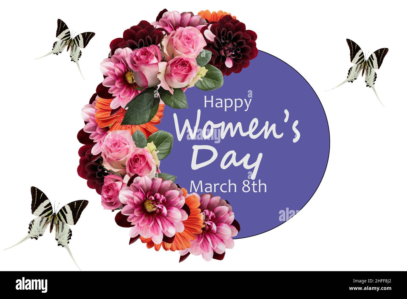Happy March 8th Internationaler Frauentag Hintergrund. Collage von Fotos von Blumen und Schmetterlingen flach Lay Grußkarte Vorlage. Stockfoto