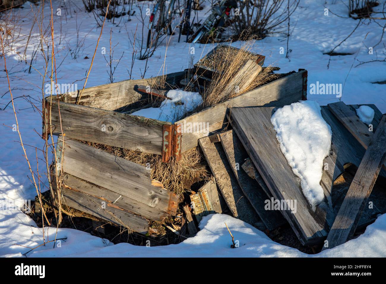 Altes, gebrochenes Palettenhalsband, das als Kompost im Schnee verwendet wurde Stockfoto