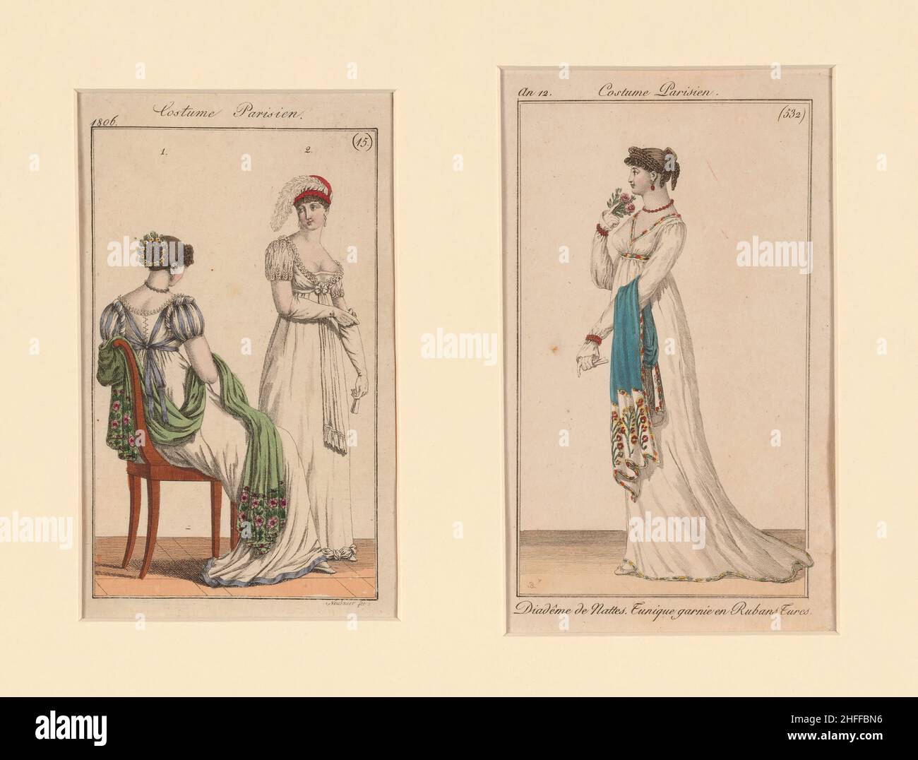 &#x201C;Costume Parisien &#x201D; Mode-Platten, aus dem Journal of Ladies and Fashion, Frankreich, 1804 und 1806. Stockfoto