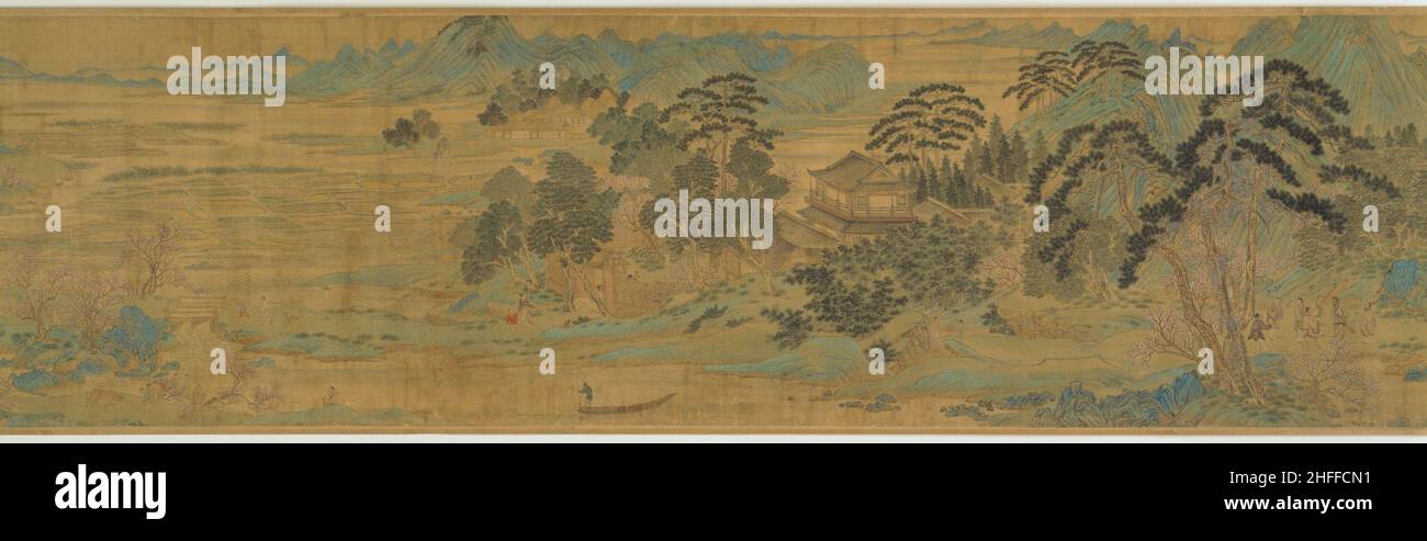 Die Pfirsichblüte Frühling ????, späten Ming (1368-1644) oder frühen Qing (1644-1912) Dynastie ??. Eine Farb- und Tuscheszene aus einer Landschaft, Berge im Hintergrund, ein Fluss im Vordergrund und Bäume im Mittelfeld Stockfoto