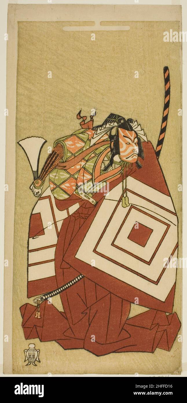 Der Schauspieler Ichikawa Danjuro V als Watanabe Kiou Takiguchi im Theaterstück Nue no Mori Ichiyo no Mato, aufgeführt im Nakamura Theater im elften Monat, 1770, c. 1770. Katsukawa Shunsho zugeschrieben. Stockfoto