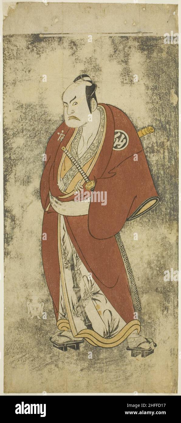 Der Schauspieler Nakamura Sukegoro II als Kaminari Shokuro in der Joruri "Gonin Otoko" (fünf ritterliche Bürger), gespielt als ein Akt in der Ayatsuri Kabuki Ogi (Mastery of the Fan in Kabuki), aufgeführt am zwanzigsten Tag des siebten Monats, 1768, c. 1768. Katsukawa Shunsho zugeschrieben. Stockfoto