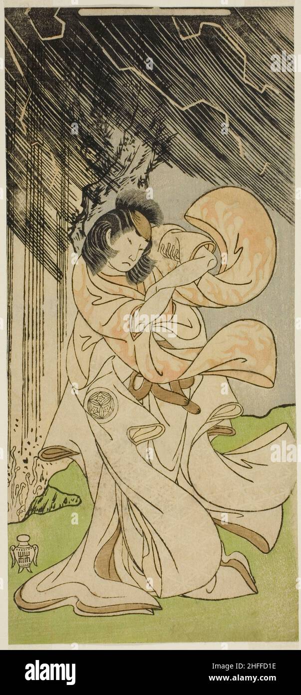 Der Schauspieler Yamashita Kinsaku II als Thunder Goddess im Theaterstück Onna Narukami, aufgeführt im Morita Theater im ersten Monat, 1770, c. 1770. Katsukawa Shunsho zugeschrieben. Stockfoto
