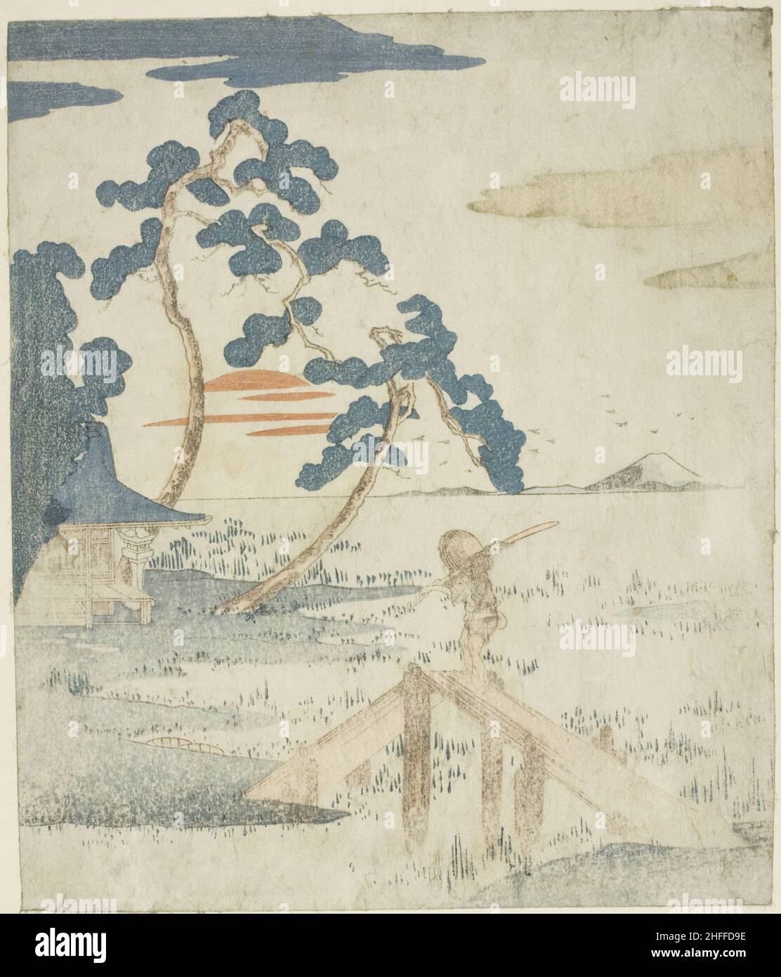 Man Crossing a Bridge as the Sun Rises, aus einer unbetitelten Ausgabe (ohne Poesie) der Illustrationen für die Serie "Five Prints of Mount Fuji (Fuji Goban no uchi)", c. 1830. Utagawa Kuniyoshi zugeschrieben. Stockfoto