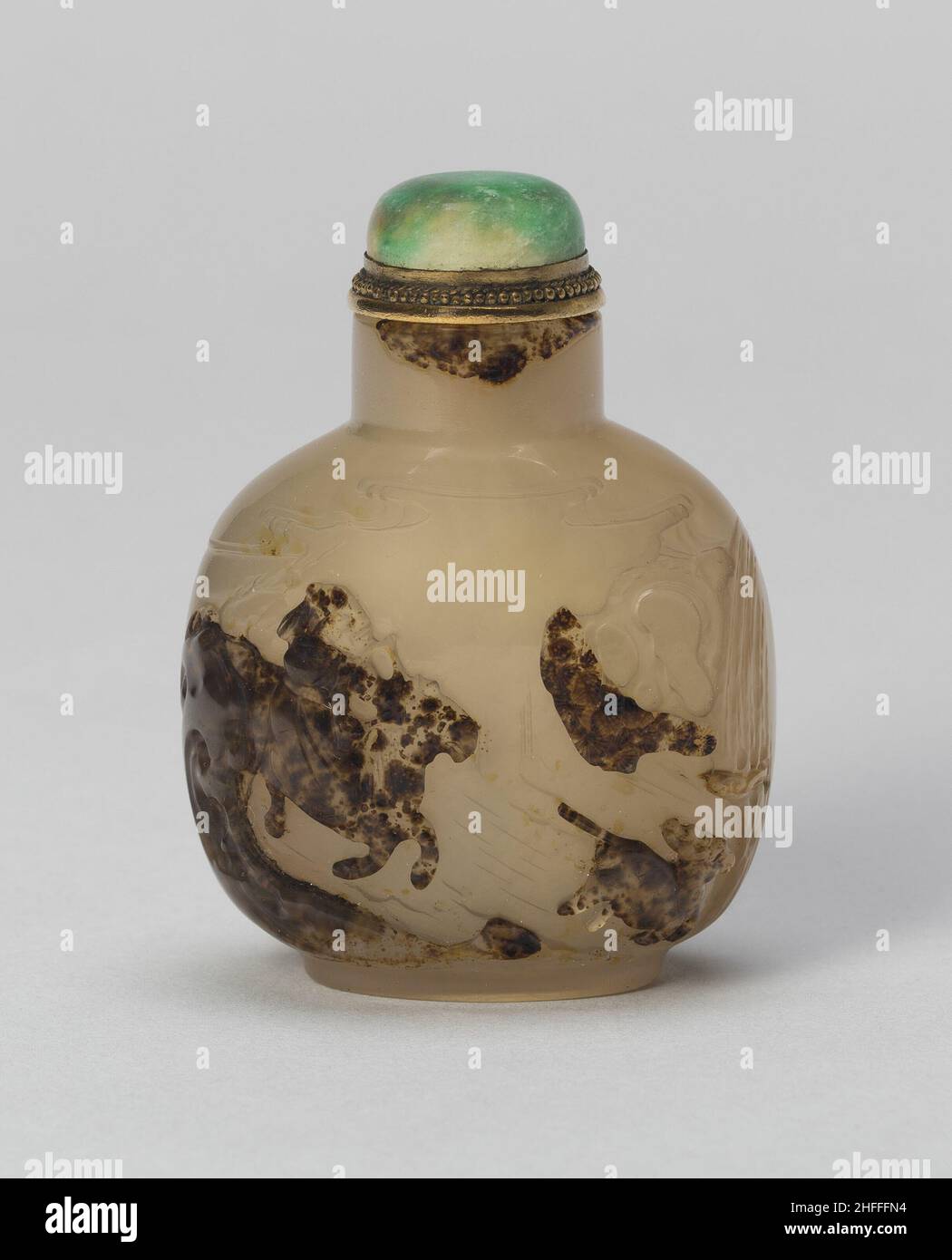Schnupftabakflasche mit einem Pferdeschütze, der einen Hirsch jagt, Qing-Dynastie (1644-1911), 1750-1800. Stockfoto