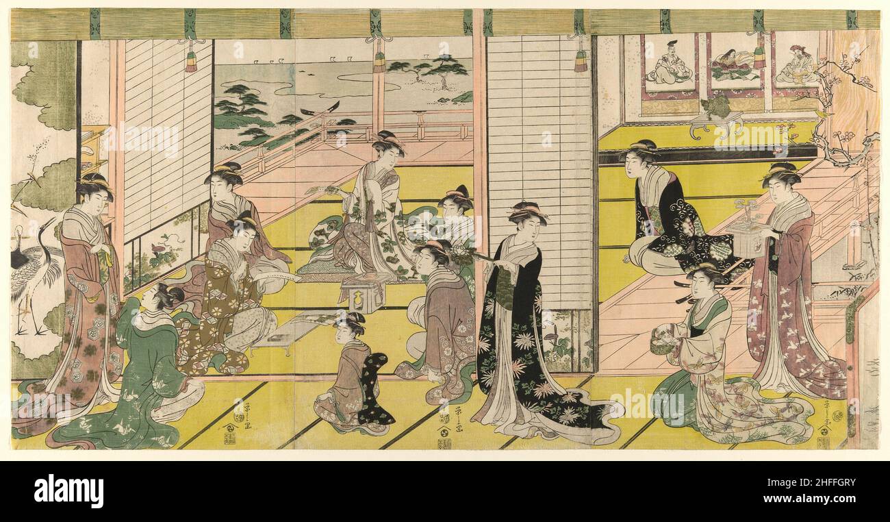 Poetry Party einer Frau, c. 1793. In der Nische oben rechts hängen Schriftrollen, die antike Dichter darstellen: Kakinomoto no Hitomaro, Yamabe no Akihito und Sotori. Stockfoto
