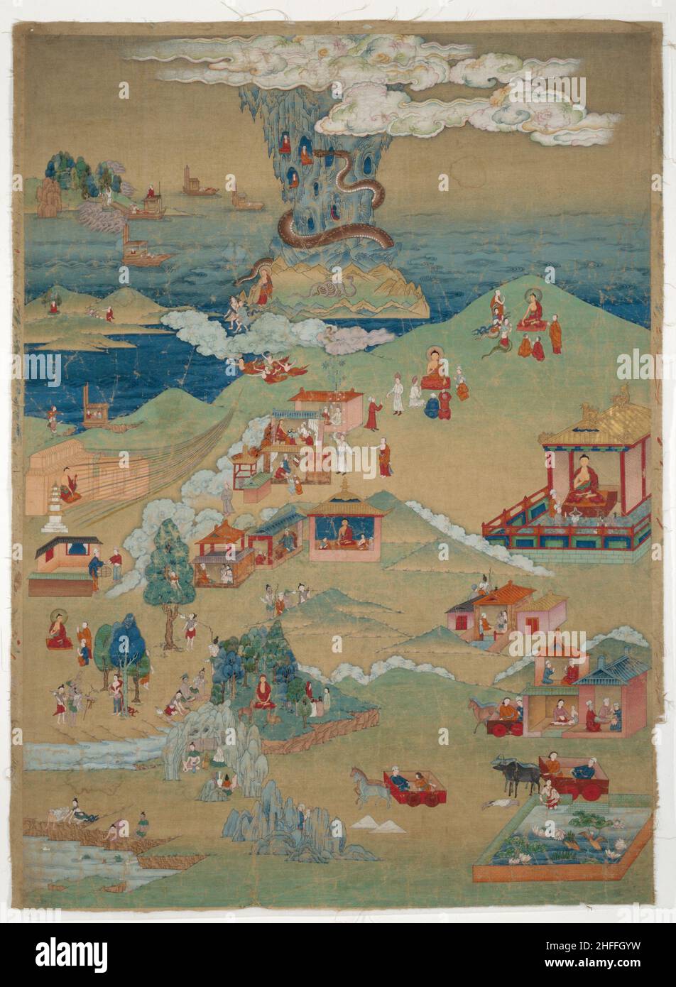 Gemaltes Banner (Thangka) von fünf Moralgeschichten aus der Avadana Kalpalata Jataka, Ende des 18th. Jahrhunderts. Stockfoto