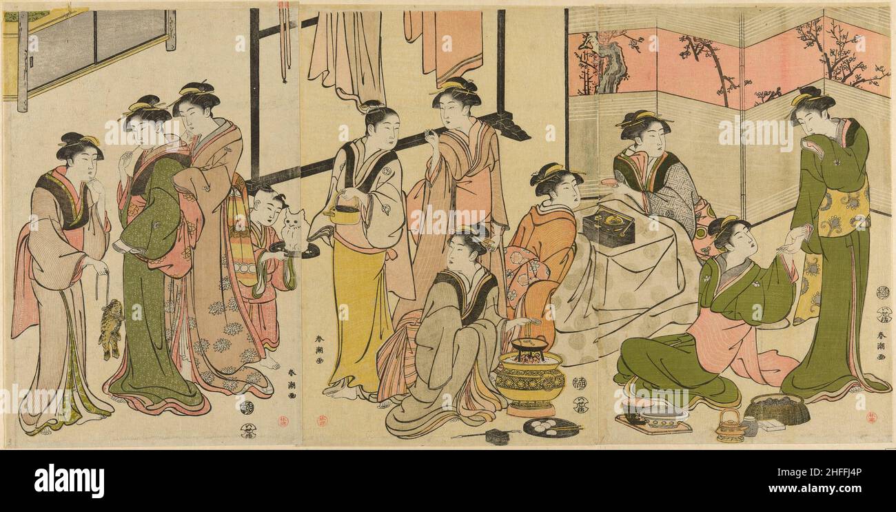 Rund um den Kotatsu, c. 1789. Zwei Frauen wärmen sich an einem Kotatsu, einem niedrigen Tisch, der in eine schwere Decke gehüllt ist, darunter ein Kohlebrazier. In der Mitte befindet sich eine Hibachi, eine weitere traditionelle japanische Heizung, die auch zum Kochen verwendet wird. Stockfoto