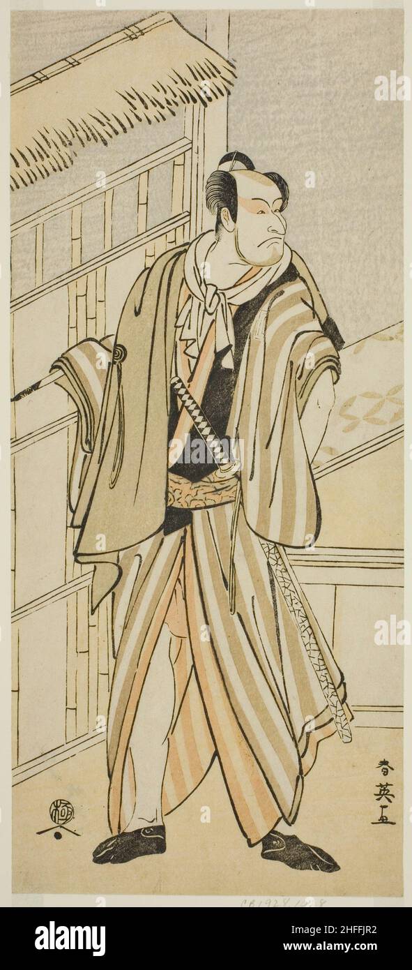 Der Schauspieler Ichikawa Ebizo (Danjuro V) als Banzui Chobei im Theaterstück Gozen-gakari Sumo Soga, aufgeführt im Kawarazaki Theater im zweiten Monat, 1793, c. 1793. Stockfoto