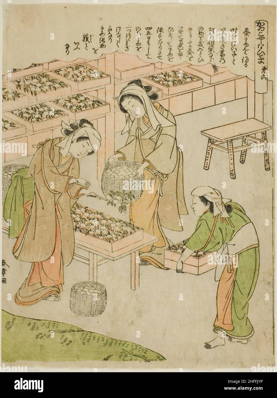 Platte 6 (Untersuchung der neu gesponnenen Kokons), aus der Serie "Kaiko Yashinai-gusa", Japan, c. 1772. Stockfoto