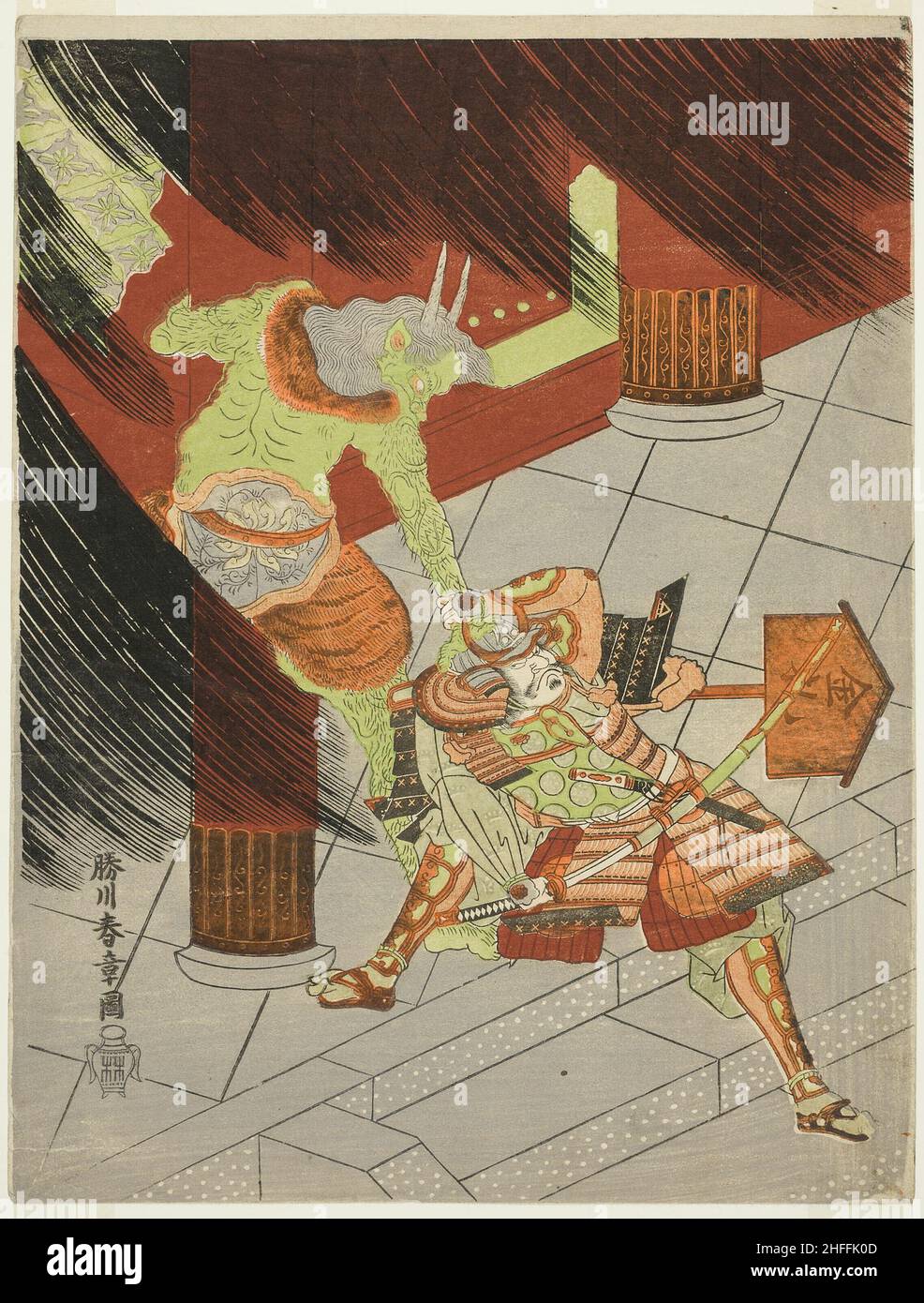 Der Krieger Watanabe keine Tsuna kämpft gegen den Dämon in Rashomon, Japan, c. 1770. Stockfoto