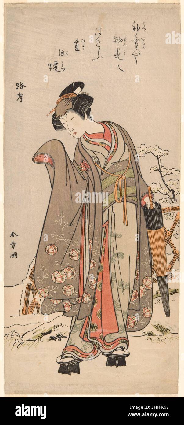Der Schauspieler Segawa Kikunojo III im Privatleben, stehend in einem verschneiten Garten, Japan, c. 1775. Stockfoto