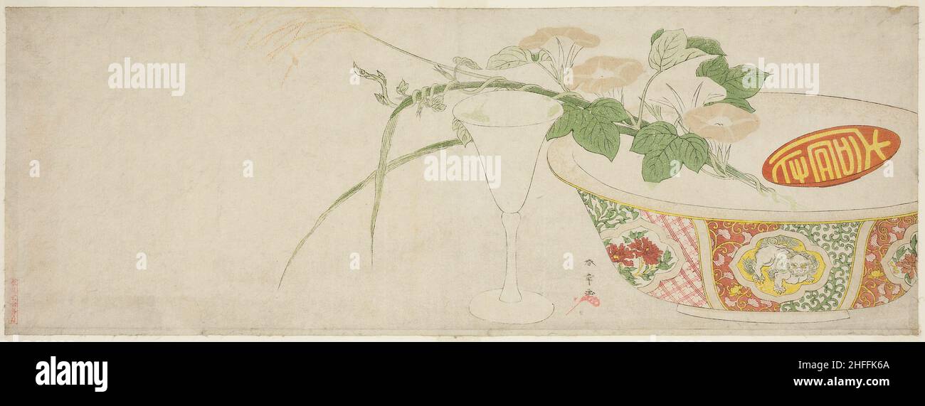 Pflanzen, Porzellanschüssel, und Glas Goblet, Japan, c. 1789. Stockfoto